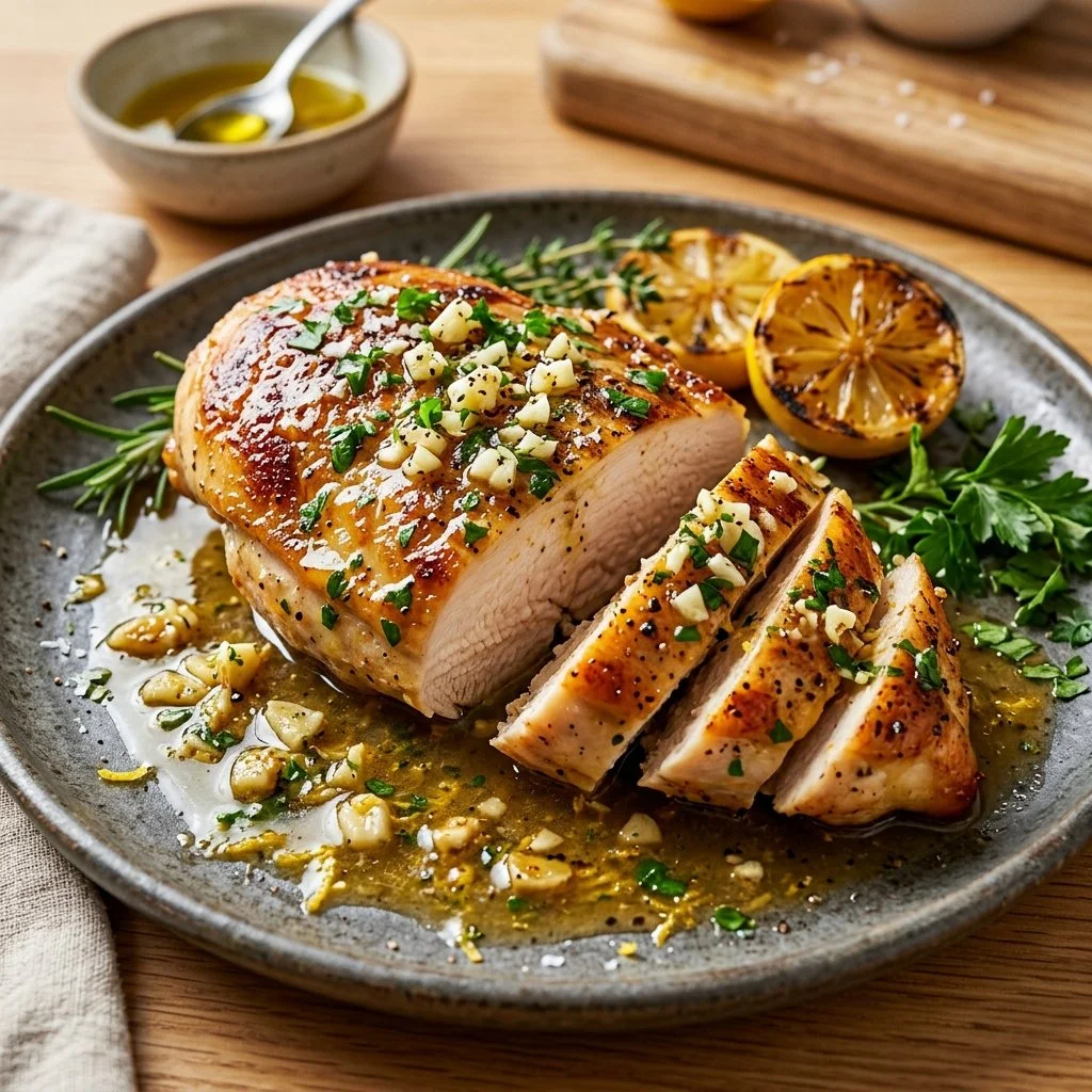 Delicious lemon garlic chicken breast garnished with herbs and lemon slices.