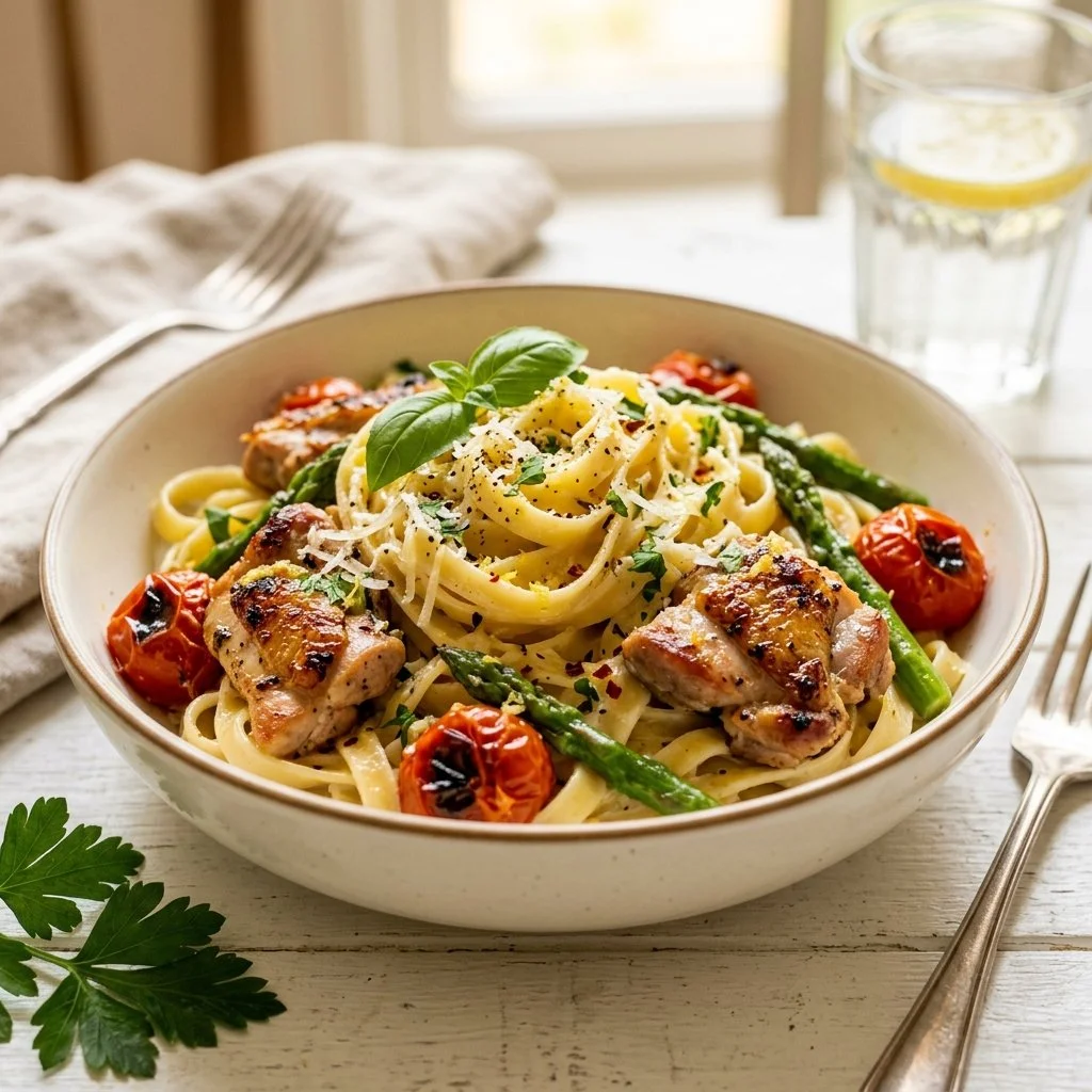Delicious plate of Lemon Garlic Chicken Pasta garnished with fresh herbs