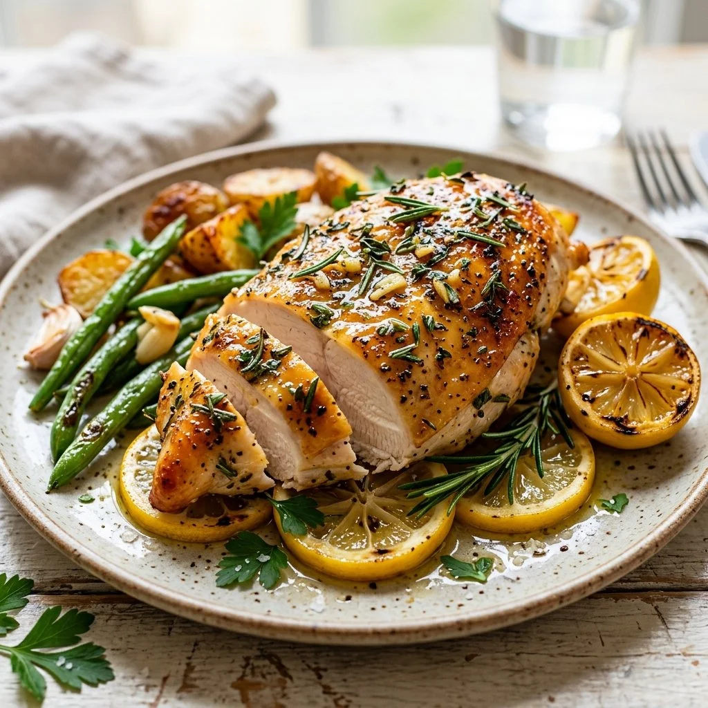 Delicious Lemon Herb Chicken garnished with fresh herbs and lemon slices