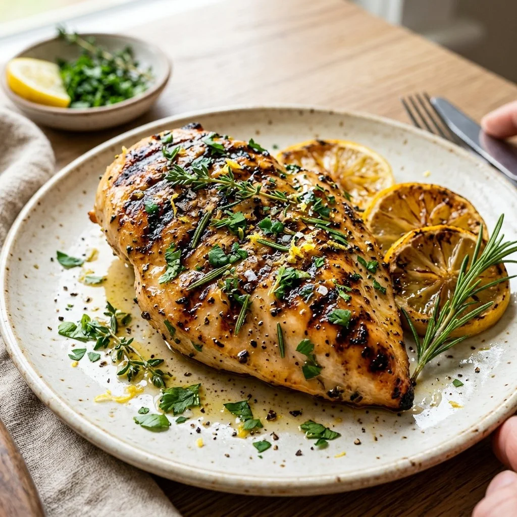Lemon herb grilled chicken on a plate with fresh herbs and lemon slices