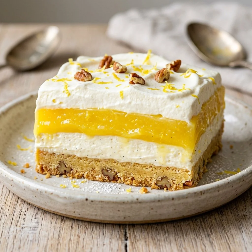 Lemon Lush dessert layered with creamy lemon filling and crust