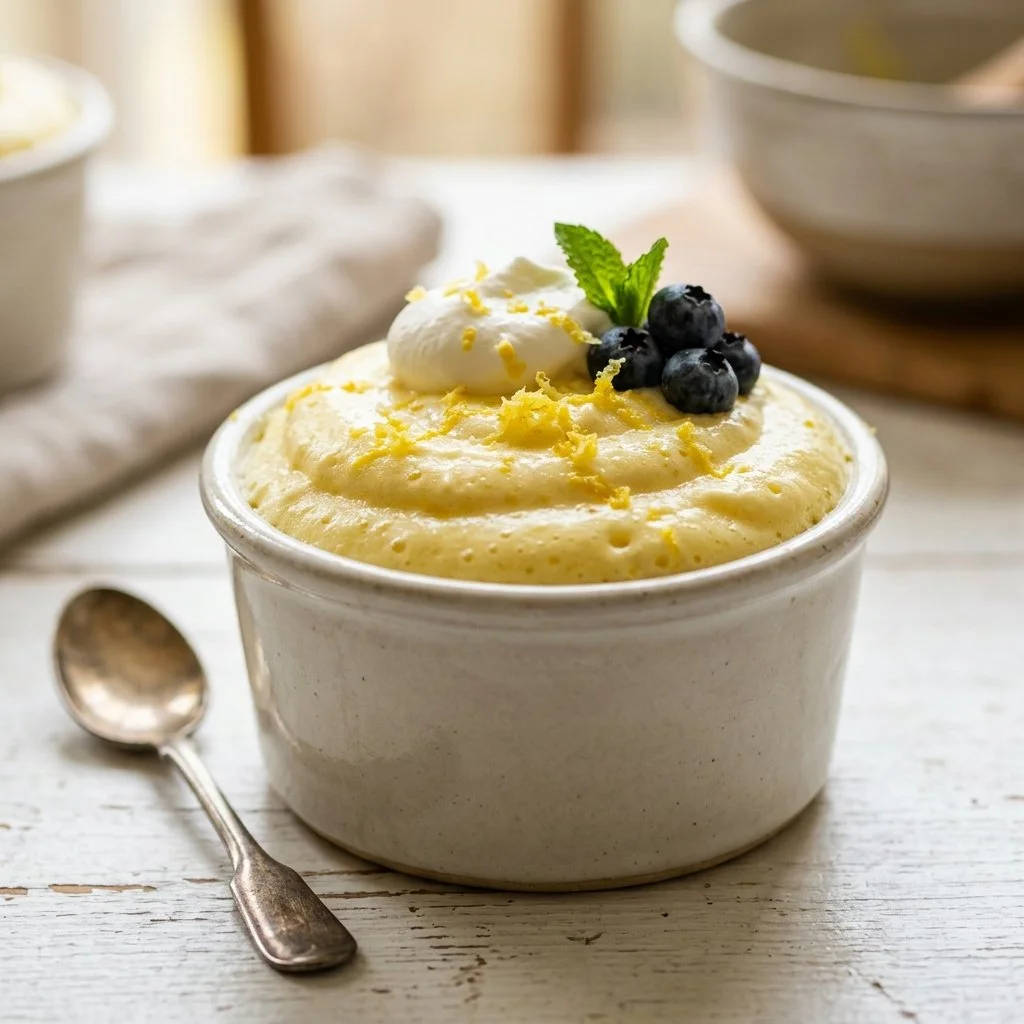 Delicious homemade lemon mousse in a glass, garnished with lemon zest.