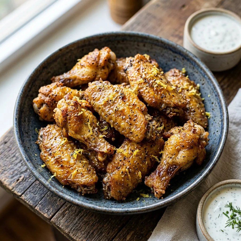 Delicious Lemon Pepper Wings garnished with lemon slices and herbs.