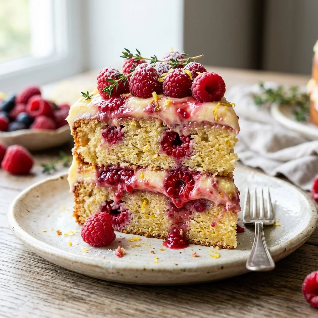 Delicious Lemon Raspberry Cake topped with fresh raspberries and lemon zest