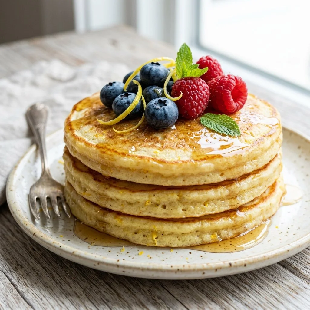 Delicious Lemon Ricotta Pancakes stacked on a plate with fresh lemon slices