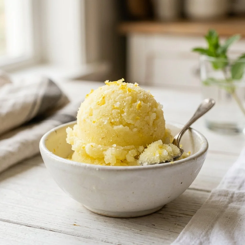 Delicious homemade Lemon Sorbet served in a bowl with a lemon wedge