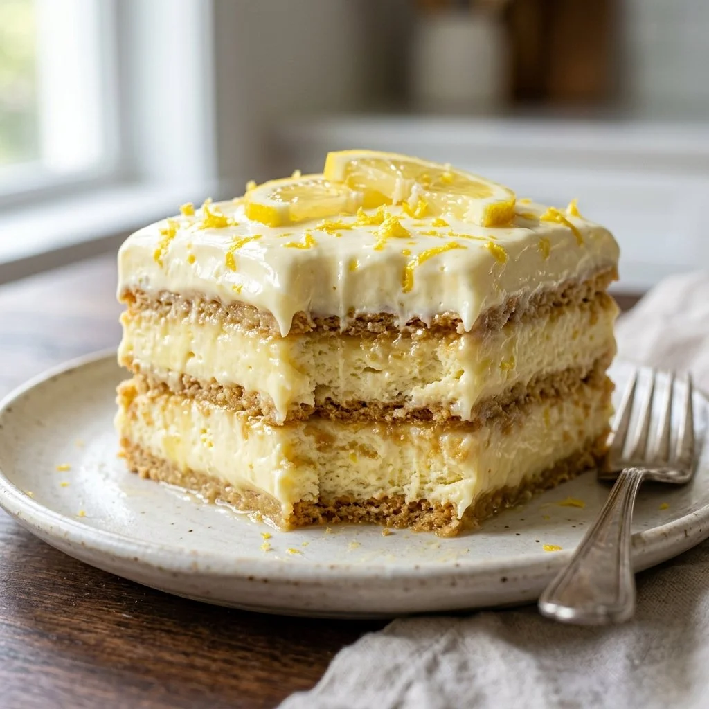 Refreshing Lemonade Icebox Cake topped with lemon slices and whipped cream.