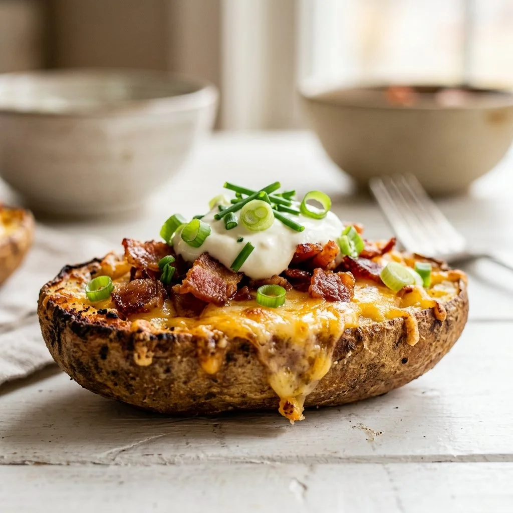 Delicious loaded potato skins topped with cheese, bacon, and chives.