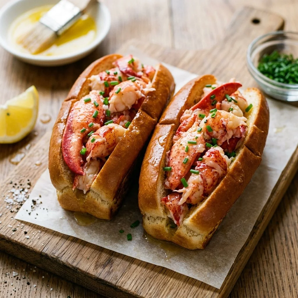 Delicious lobster rolls with melted butter on a plate