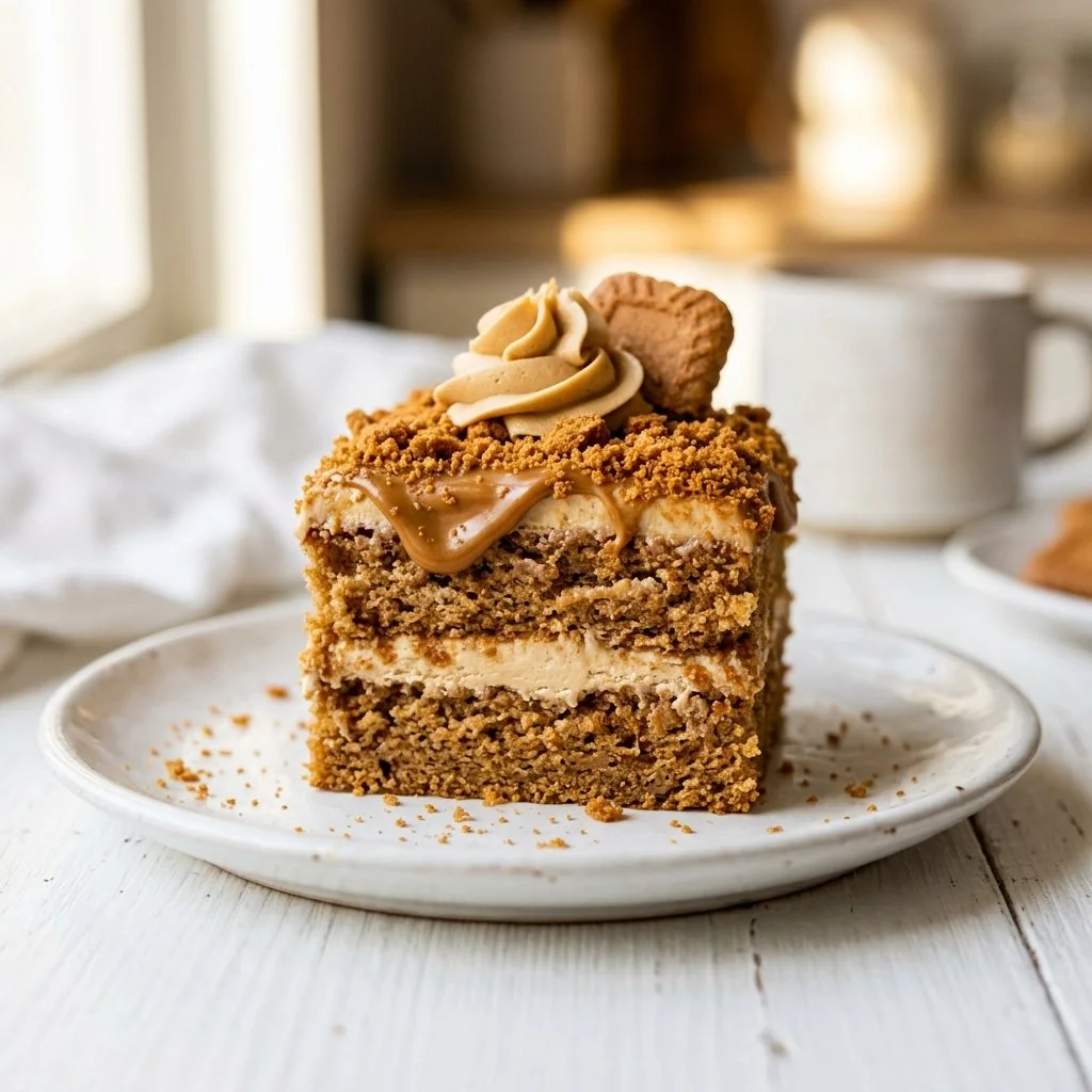 Slice of Lotus Biscoff cake on a plate with crumbs and Biscoff cookies