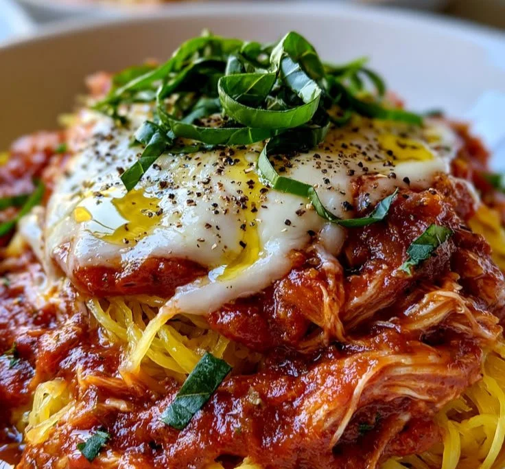 Low-calorie spaghetti squash dish with marinara sauce and chicken