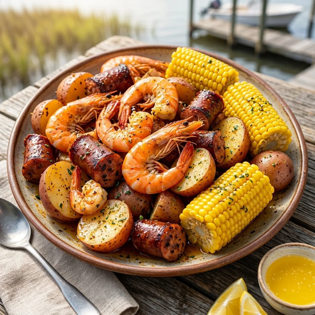 Delicious Low Country Boil with shrimp, sausage, corn, and potatoes served in a large pot.