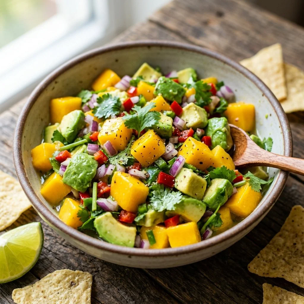 Colorful Mango Avocado Salsa with fresh ingredients served in a bowl.
