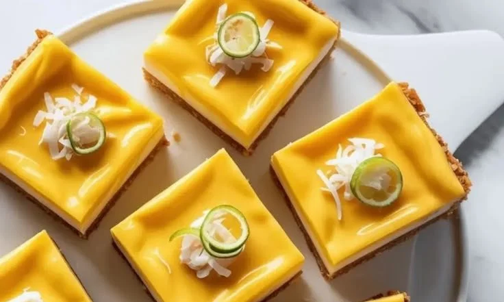 Mango Coconut Key Lime Bars with a zesty lime topping and coconut crust