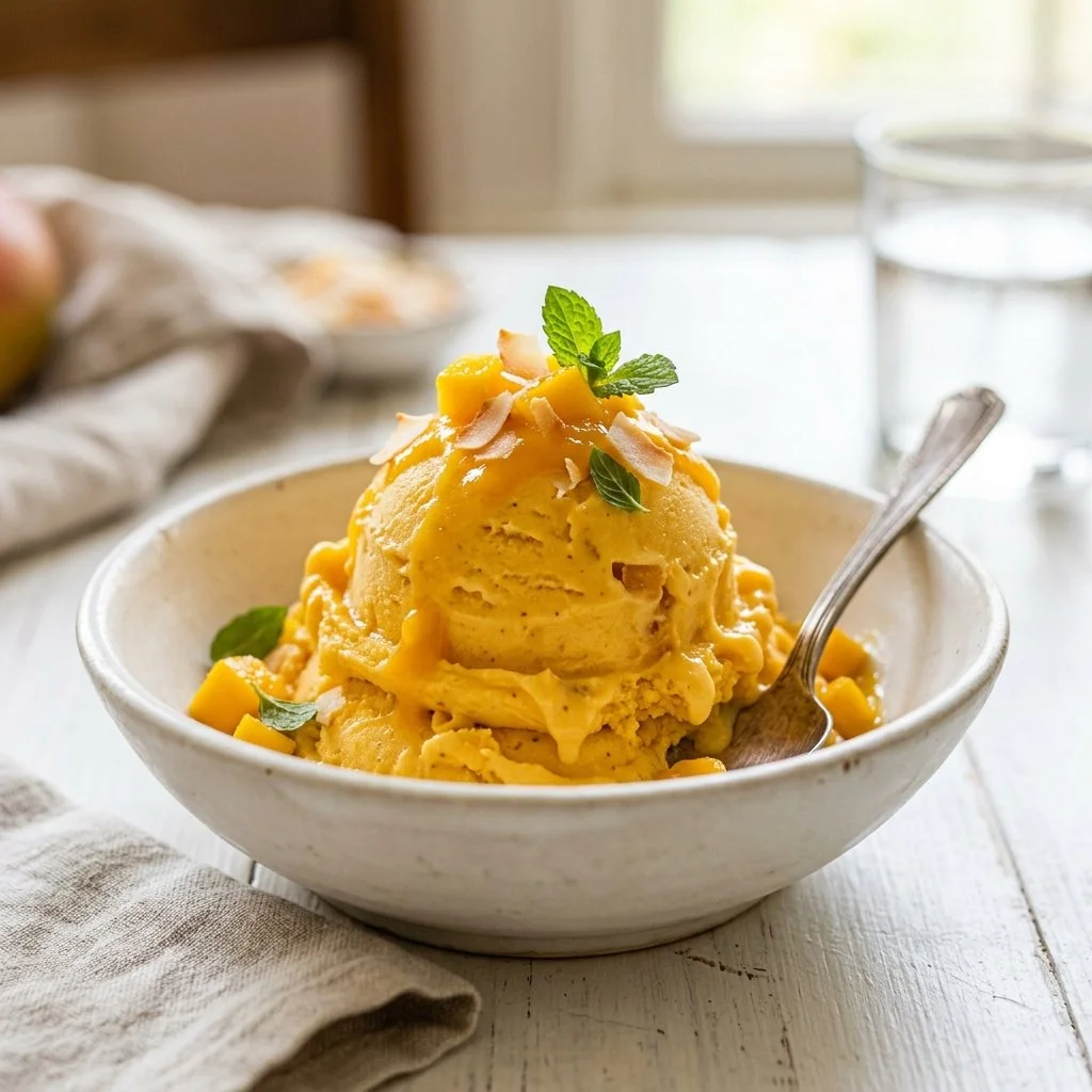 Creamy mango ice cream in a bowl topped with fresh mango slices