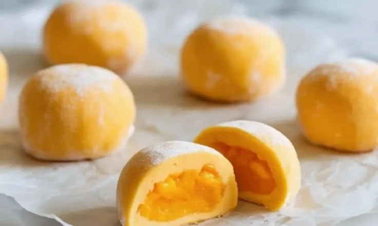 Mango Mochi dessert - sweet mango flavor wrapped in chewy rice cake