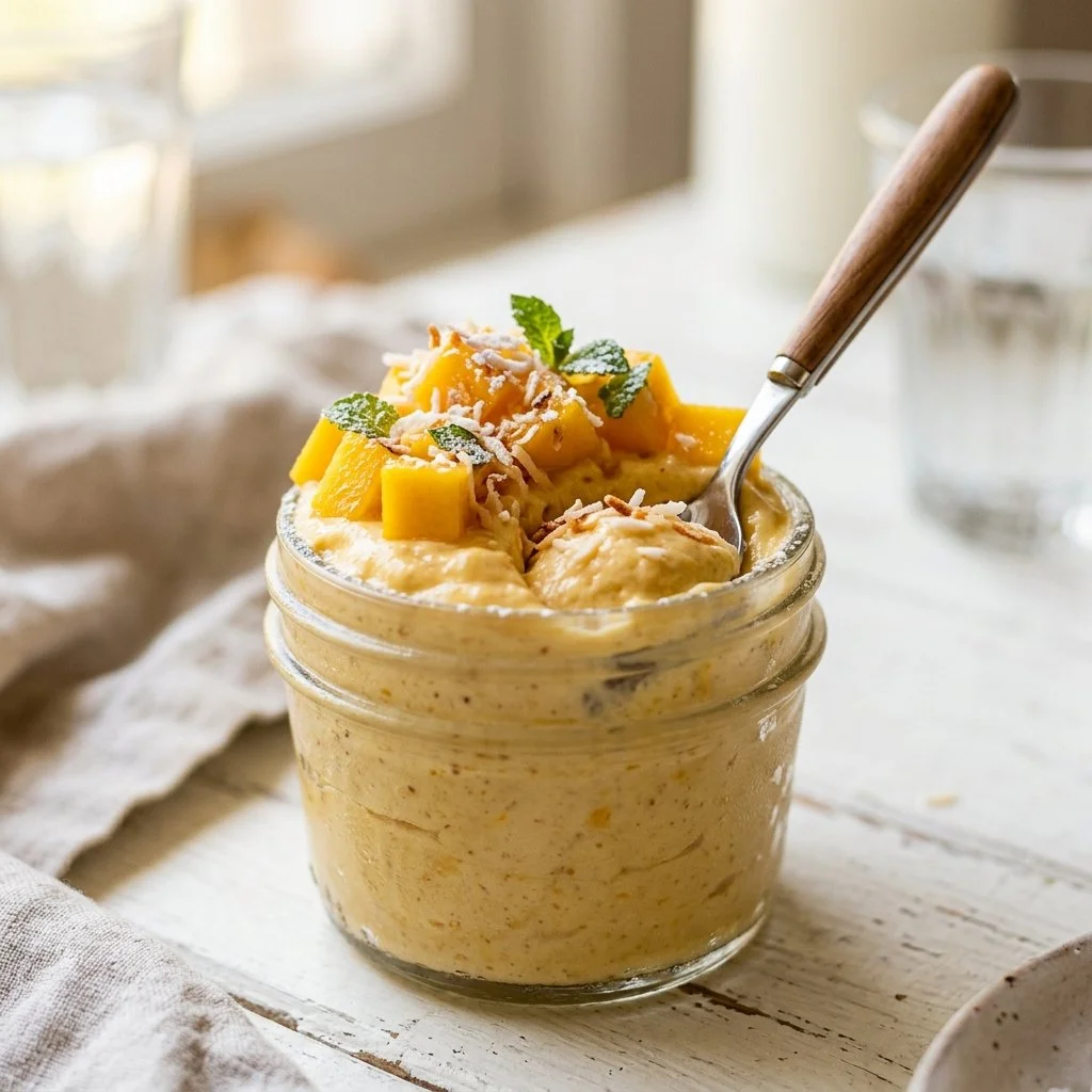 Delicious mango mousse dessert served in a glass with fresh mango slices