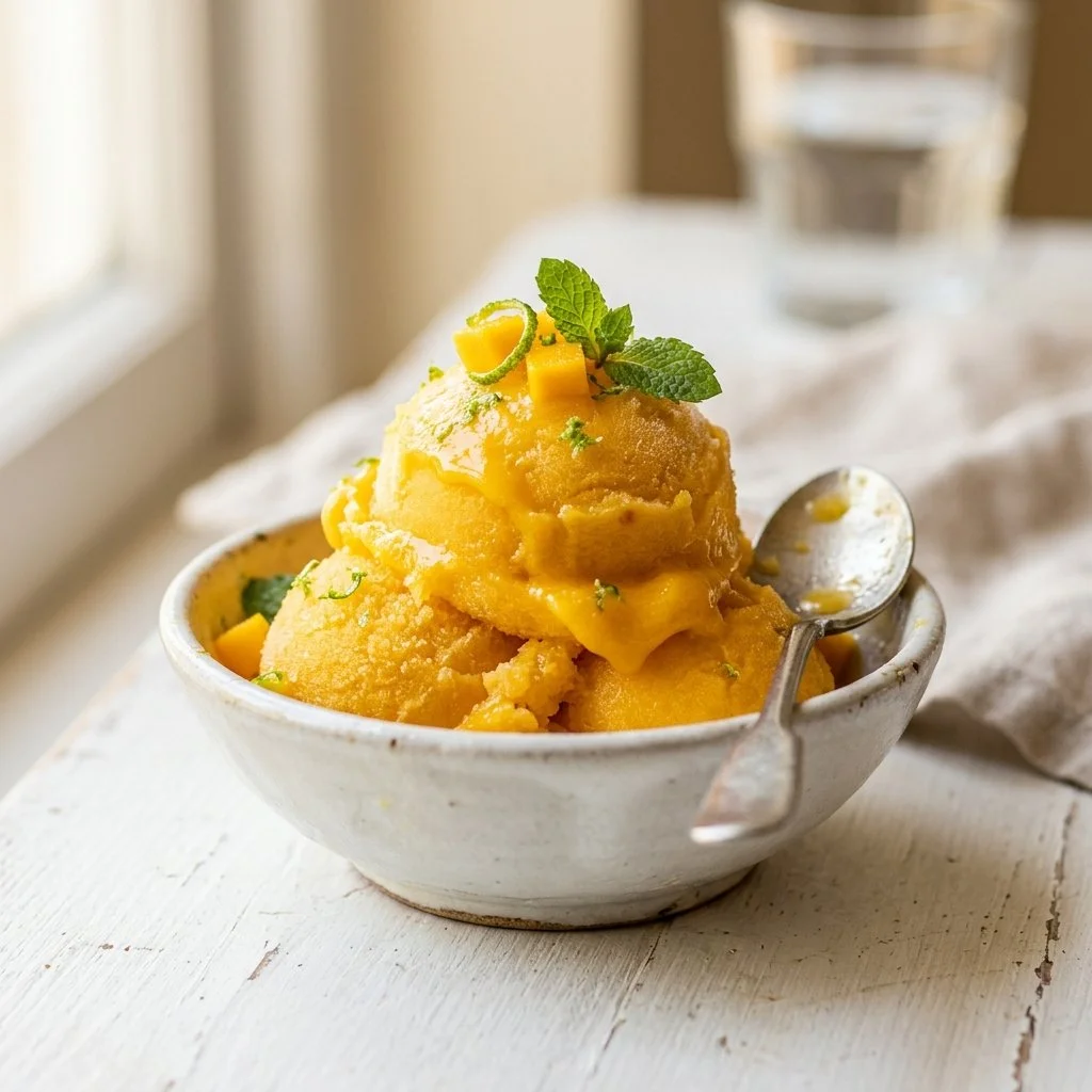 Delicious homemade mango sorbet served in a bowl