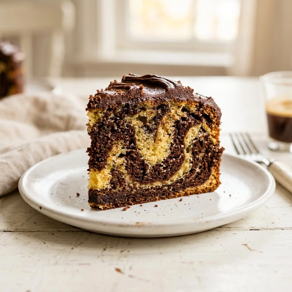 Delicious homemade marble cake with rich chocolate and vanilla swirls