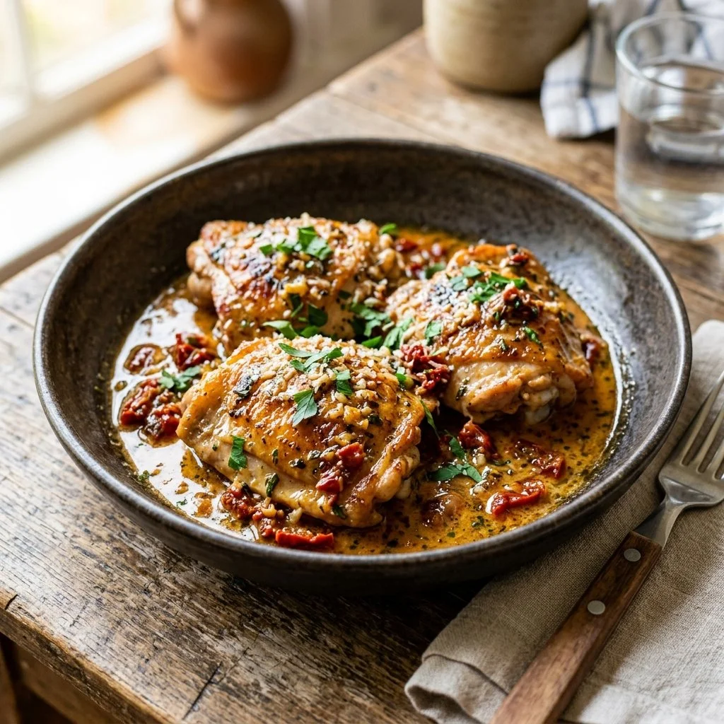 Delicious Marry Me Chicken dish served on a plate with herbs and cheese.