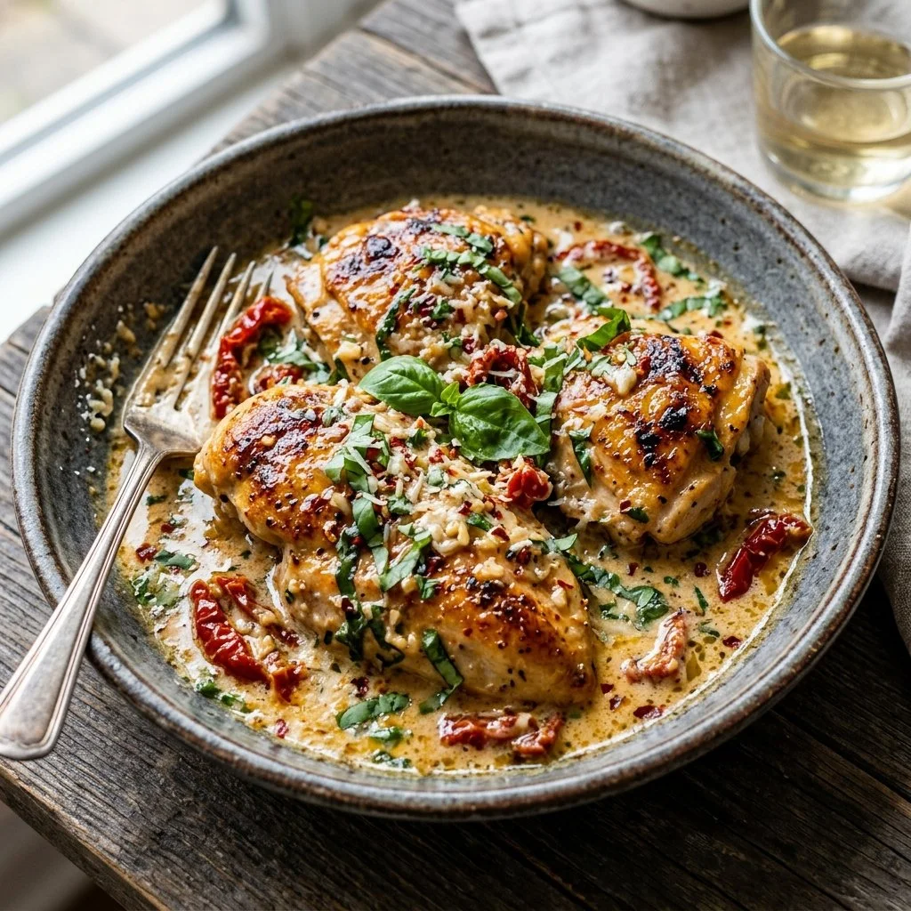 Delicious plate of Marry Me Chicken with creamy sauce and herbs