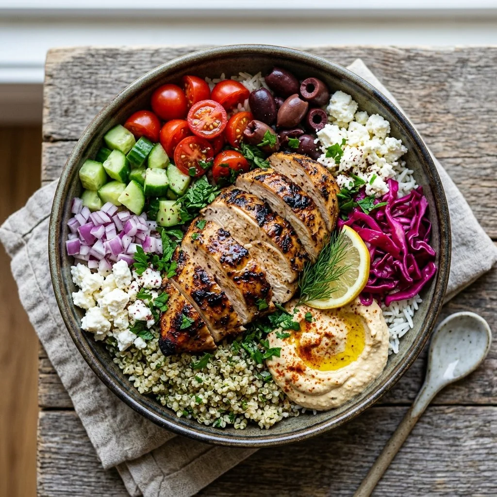Mediterranean Chicken Bowls with grilled chicken, fresh vegetables, and dressing