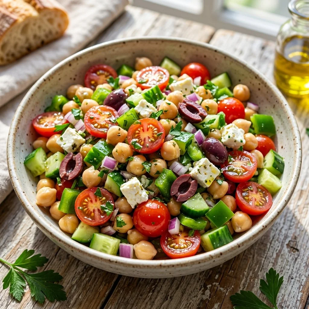 A vibrant Mediterranean Chickpea Salad with fresh vegetables and herbs