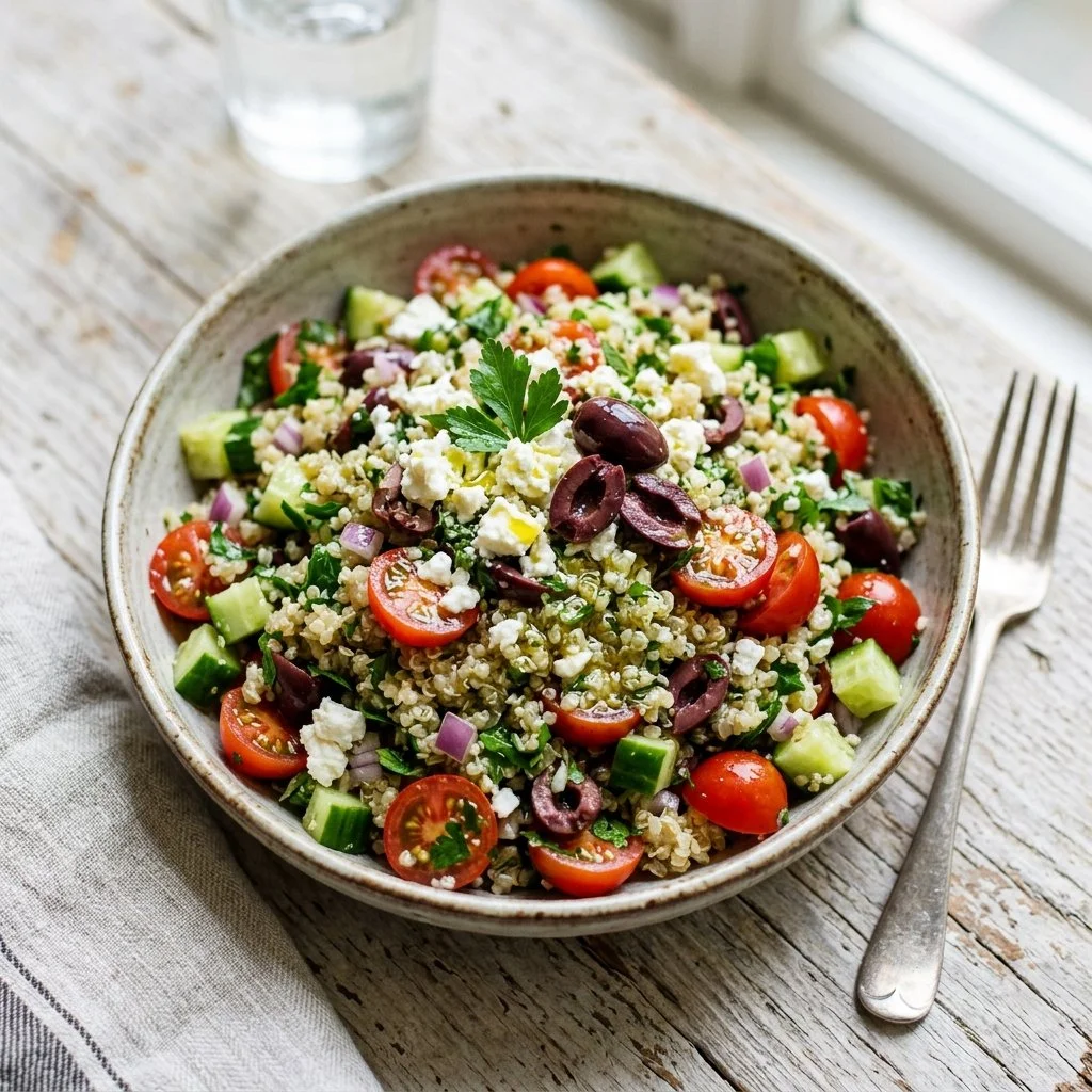 Vibrant Mediterranean Quinoa Salad with fresh vegetables and herbs