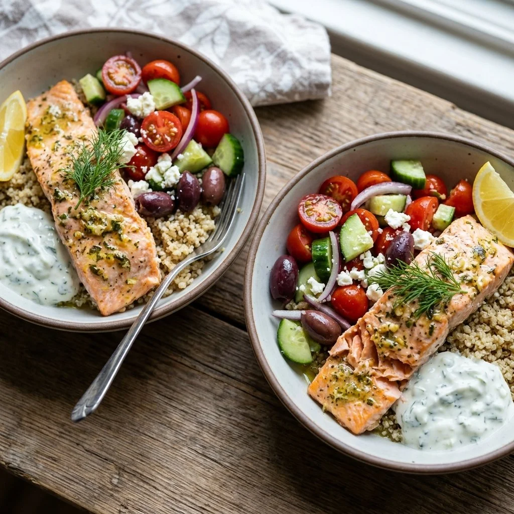 Bowl of Mediterranean Salmon topped with fresh vegetables and herbs