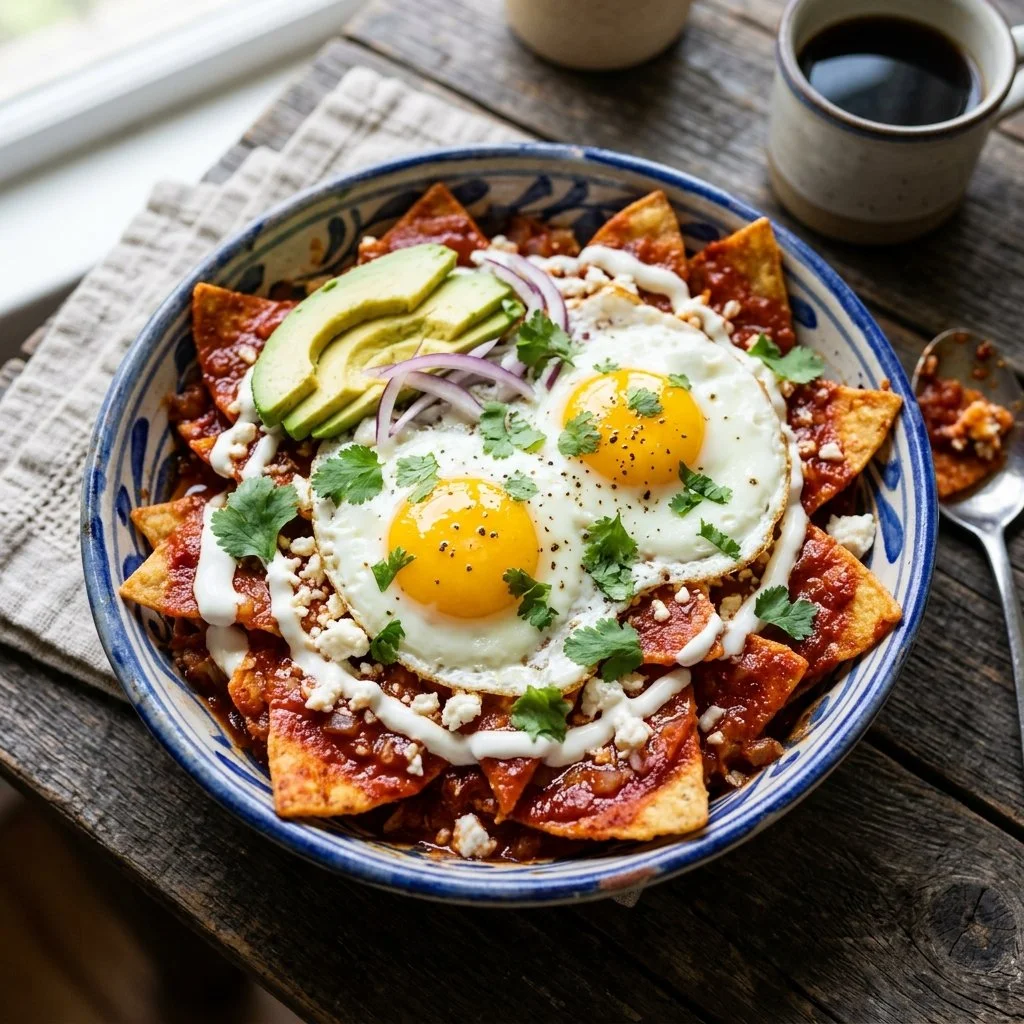 Delicious Mexican breakfast chilaquiles topped with green sauce and queso fresco.