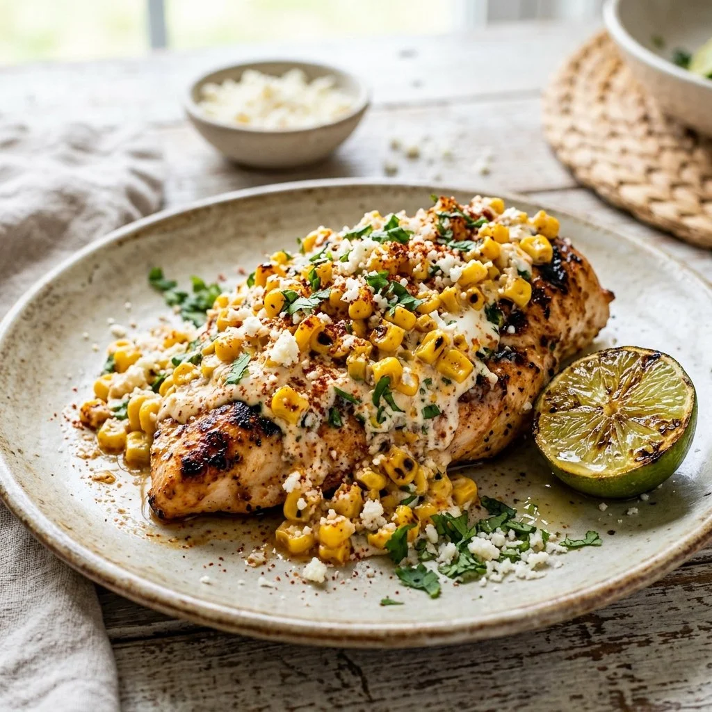 Delicious Mexican Street Corn Chicken dish topped with cheese and spices.