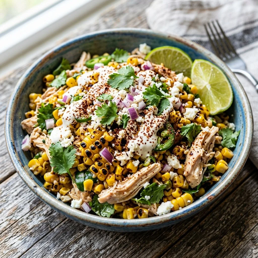 Mexican street corn chicken salad with vibrant vegetables and chicken