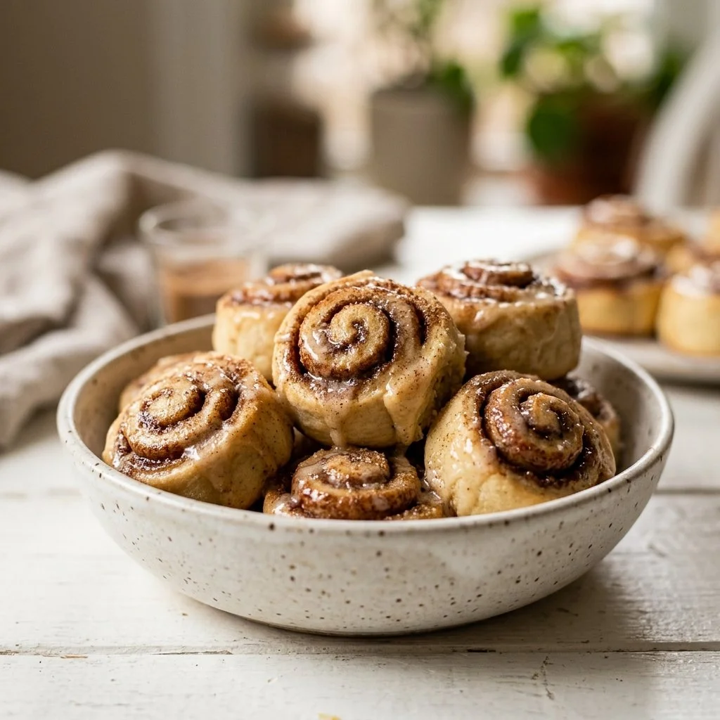 Freshly baked mini cinnamon rolls topped with cream cheese icing.