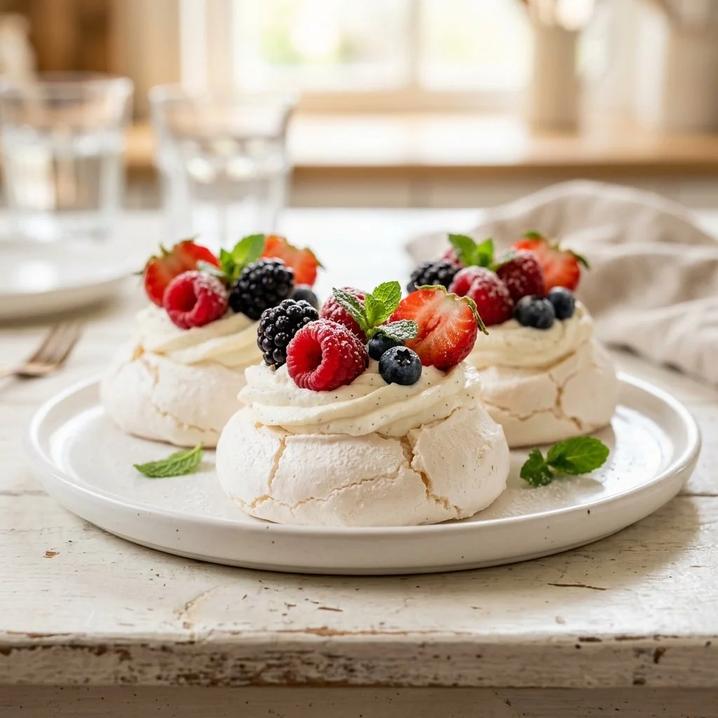 Exquisite Mini Pavlovas topped with fresh fruit and cream, perfect dessert treat