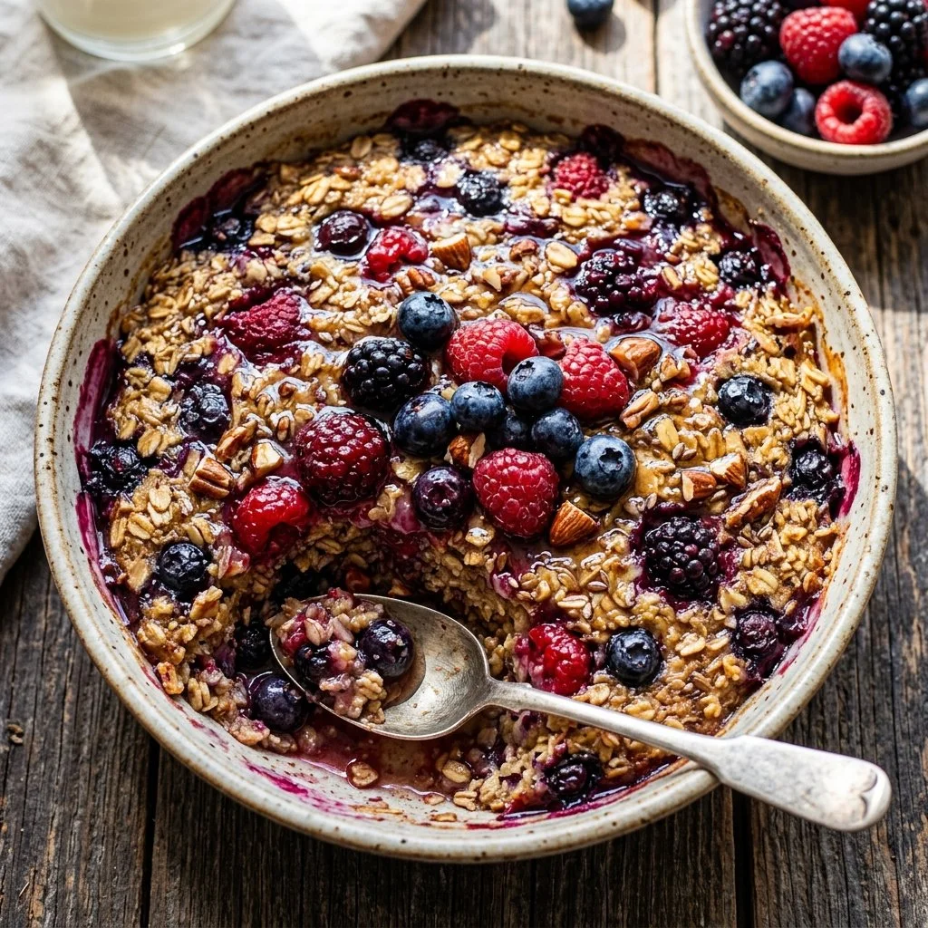 Delicious mixed berry baked oatmeal in a bowl topped with fresh berries