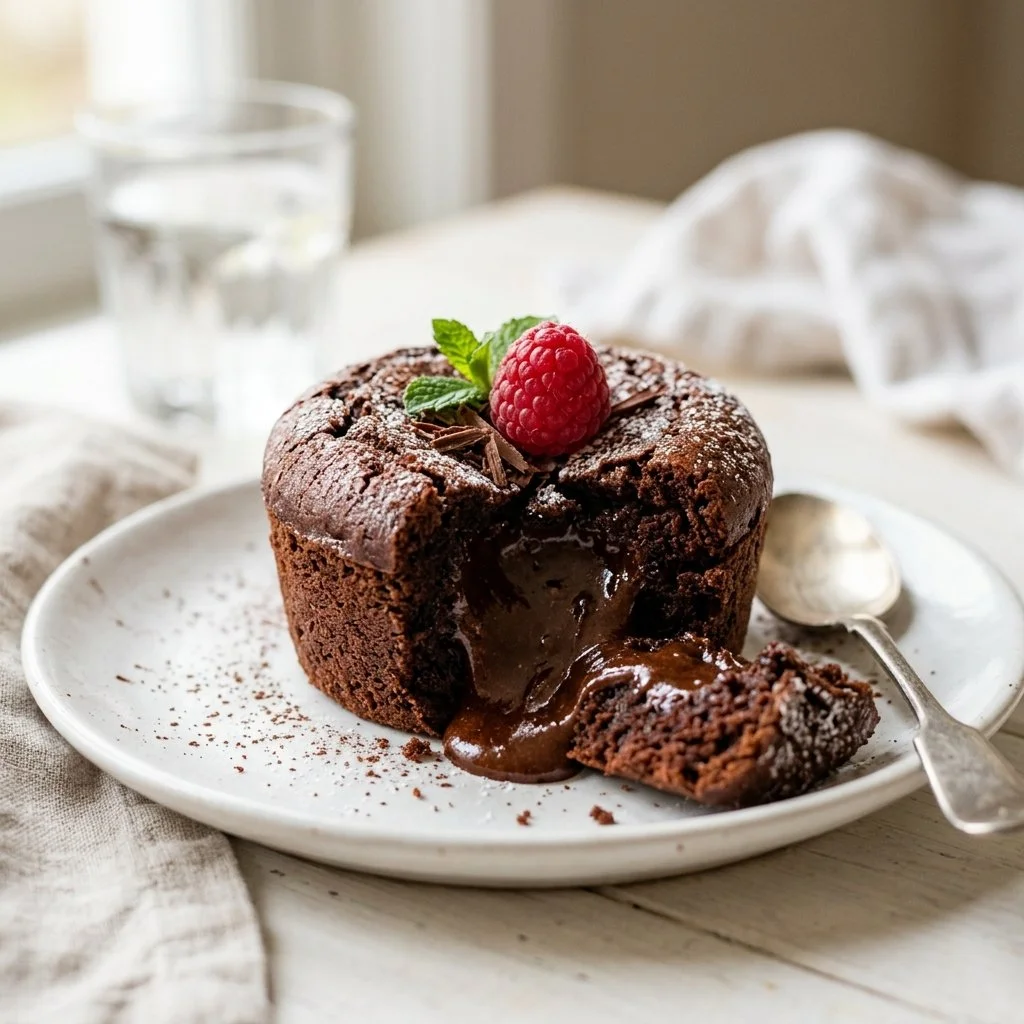 Delicious molten chocolate cake with a gooey center, topped with chocolate drizzle