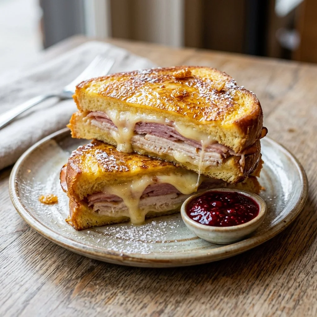 Monte Cristo sandwich with ham, turkey, and cheese, served with powdered sugar