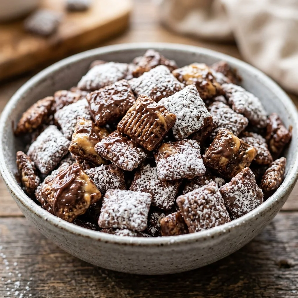 A bowl of homemade Muddy Buddies treat with chocolate and peanut butter