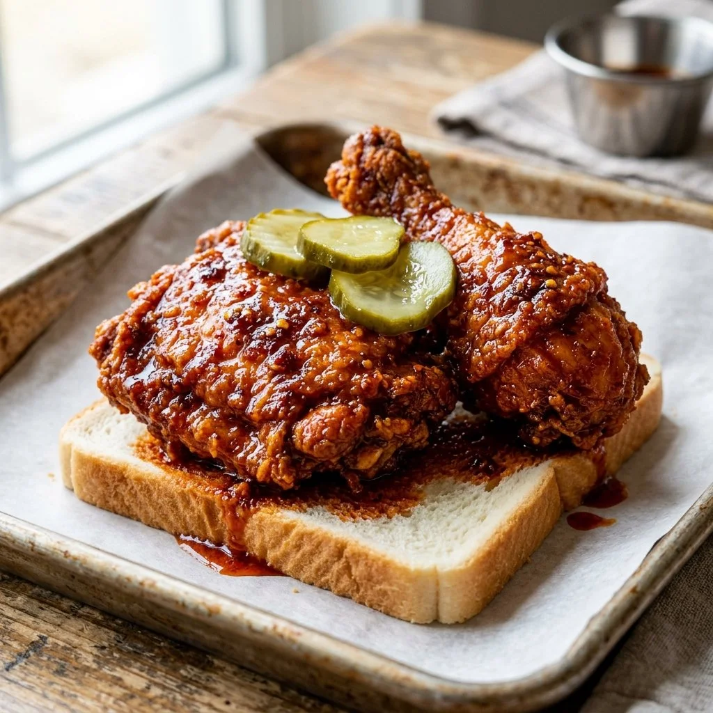 Plate of Nashville hot chicken served with pickles and bread