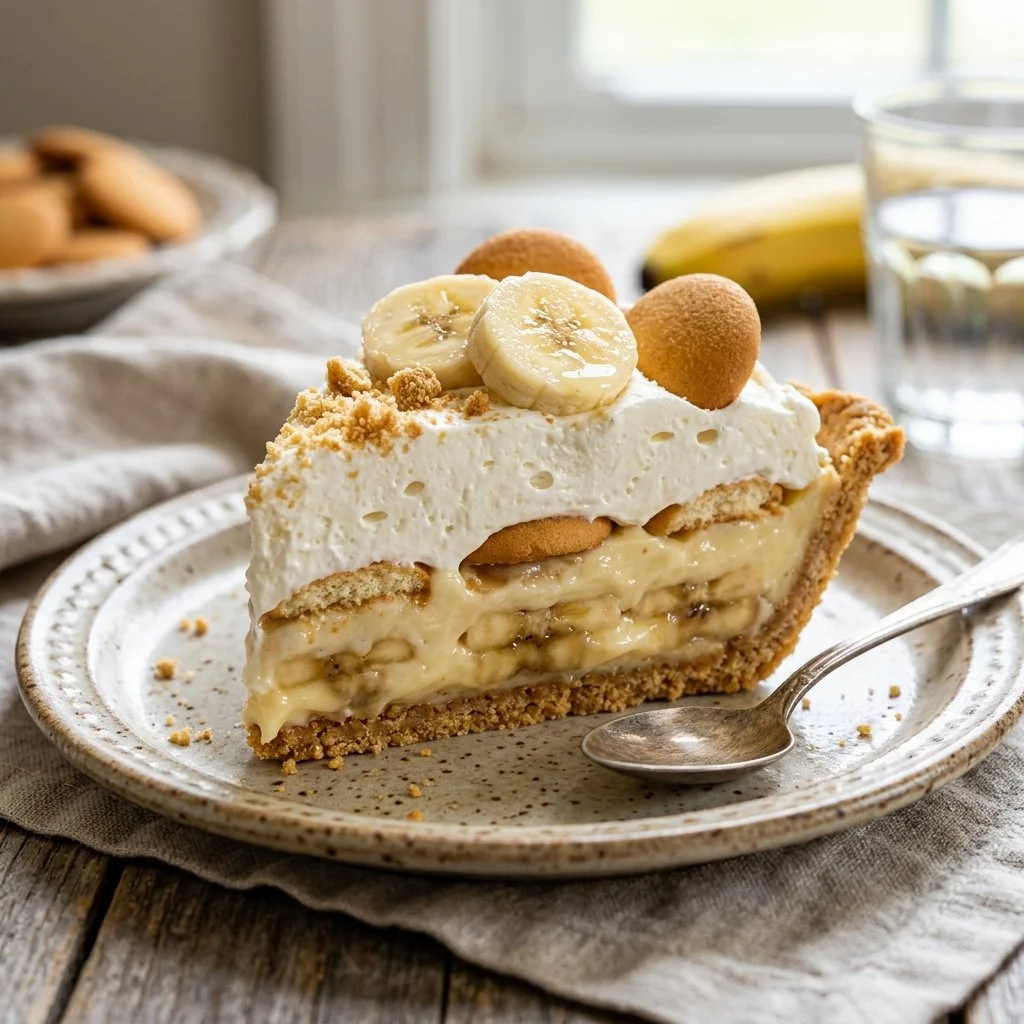 No-Bake Banana Pudding Pie topped with whipped cream and banana slices