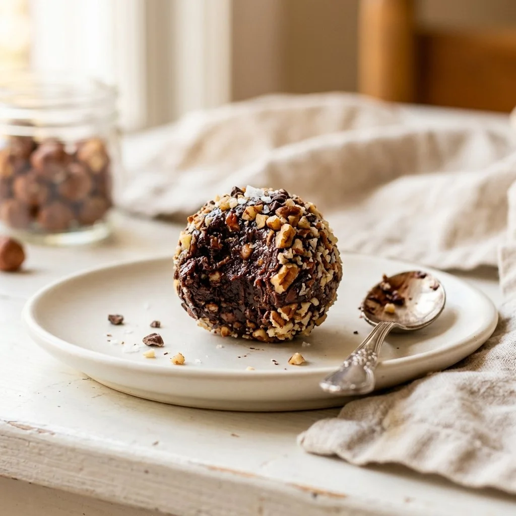 Delicious no-bake brownie bites on a stylish plate