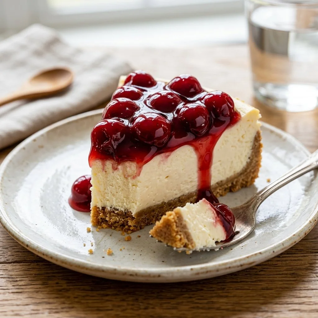 No-bake cherry cheesecake topped with fresh cherries and cream