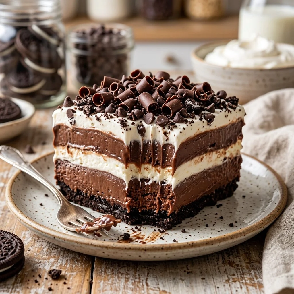 Delicious no-bake chocolate lasagna layered with creamy chocolate filling