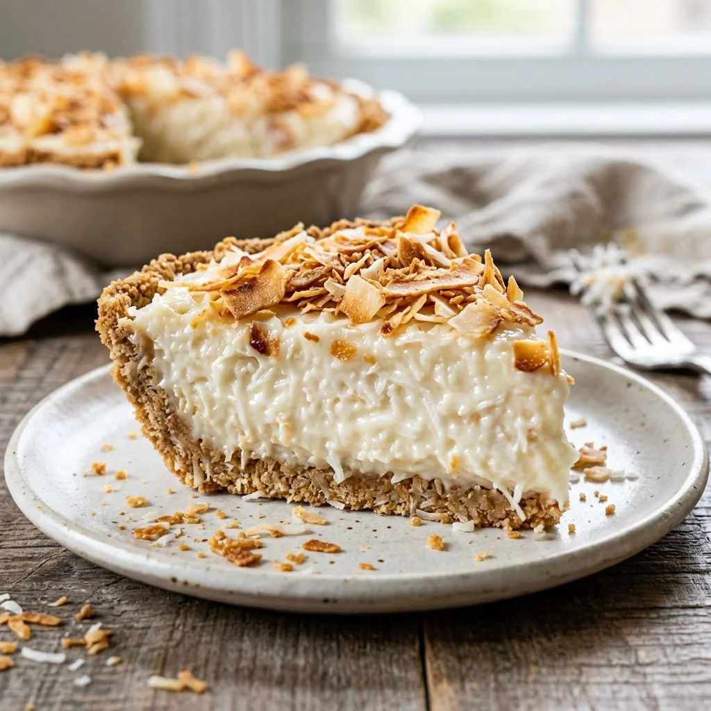 Delicious no-bake coconut pie topped with coconut flakes