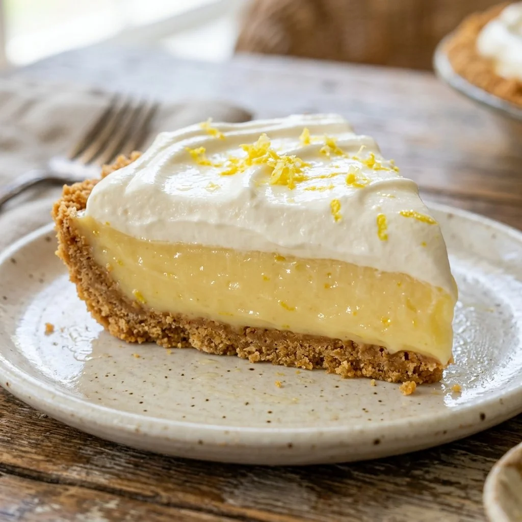 Delicious No-Bake Lemon Pie topped with whipped cream and lemon zest