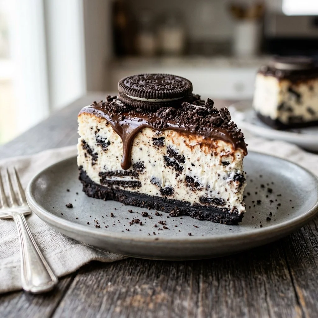 Delicious no-bake Oreo cheesecake topped with crushed Oreos and chocolate drizzle.