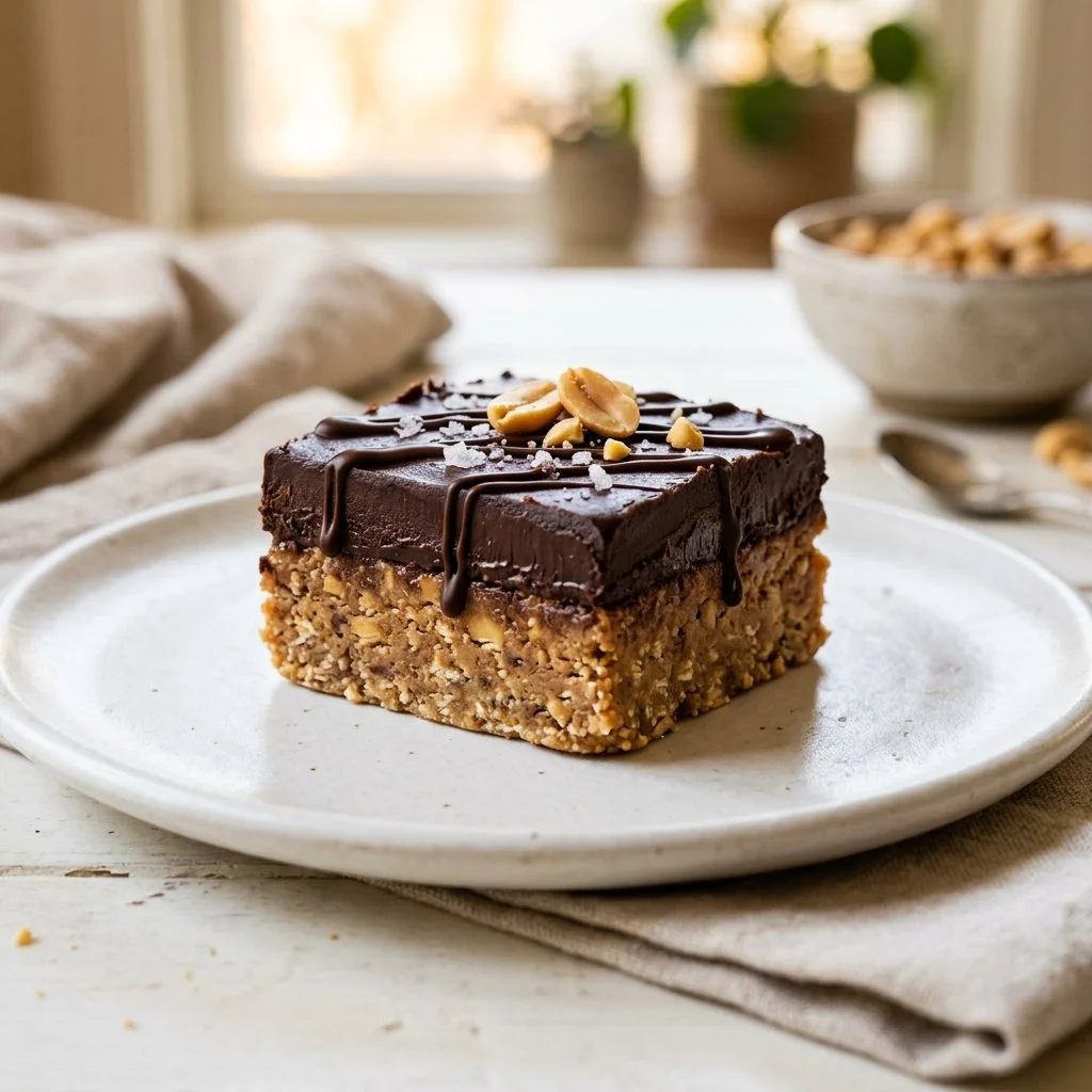 Delicious no-bake peanut butter bars topped with chocolate and nuts