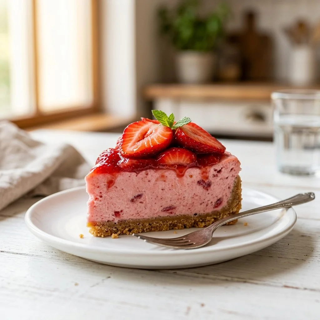 No-bake strawberry cheesecake topped with fresh strawberries and whipped cream