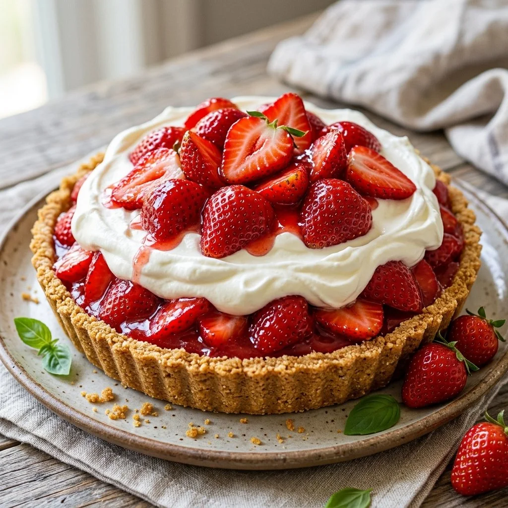 No-Bake Strawberry Pie with fresh strawberries and whipped cream topping