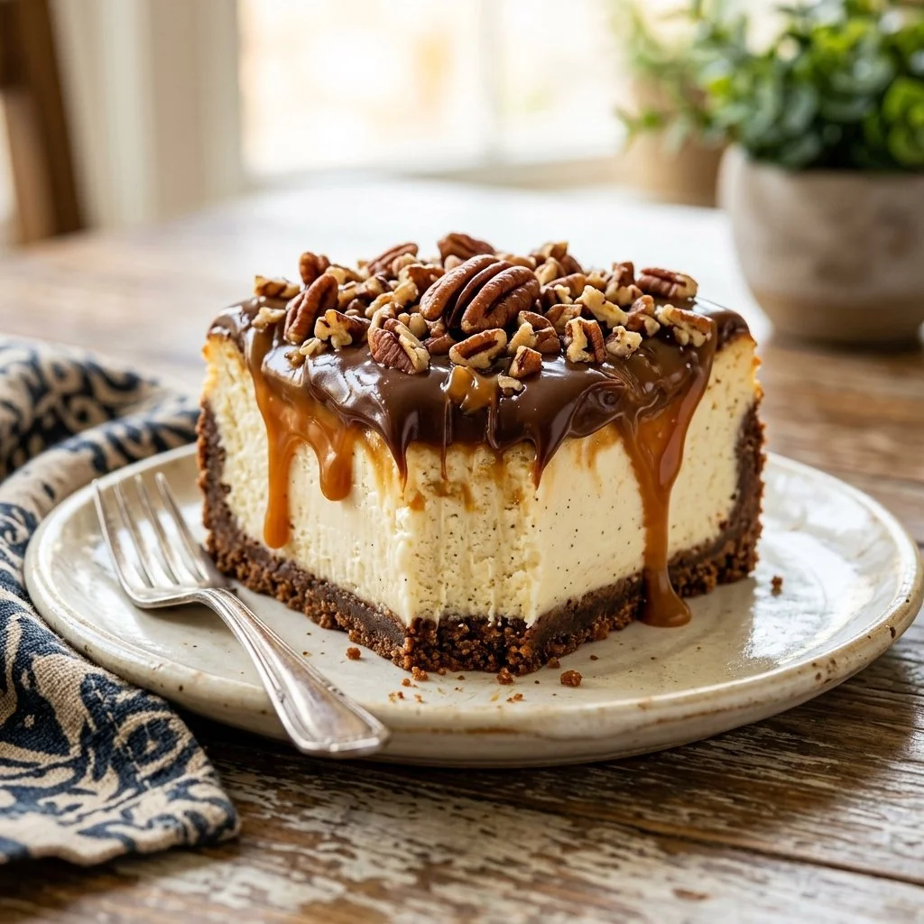 No-Bake Turtle Cheesecake topped with caramel sauce, chocolate, and pecans